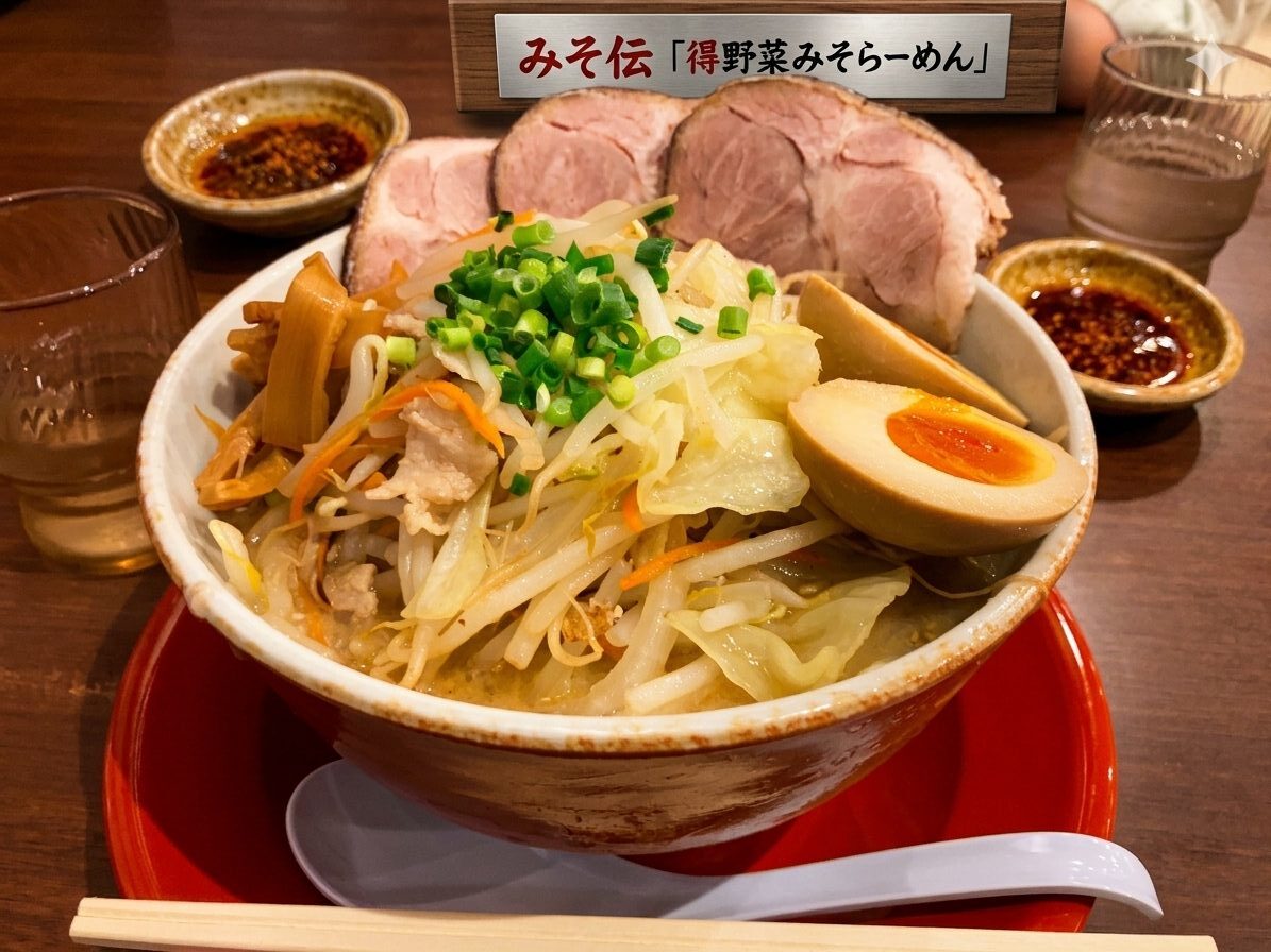 チャーシュー、煮卵、もやし、ネギが山盛りにトッピングされた具だくさんなみそラーメン