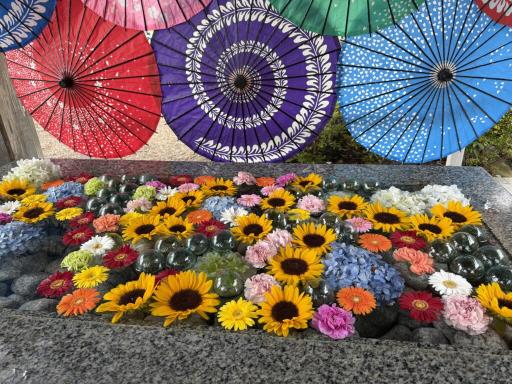 和傘と花手水