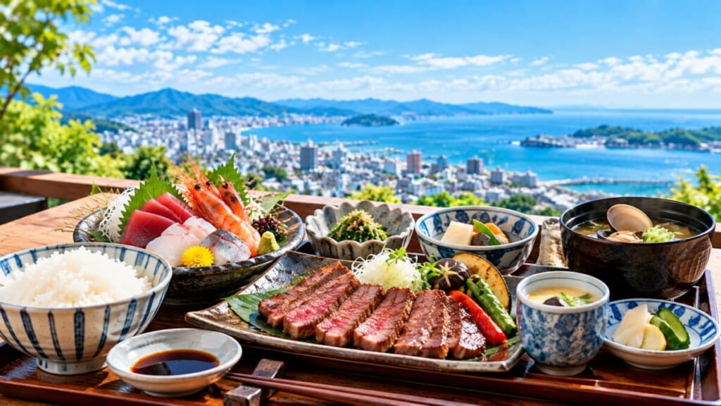 宮城グルメをイメージした和食のお膳と青い海の風景